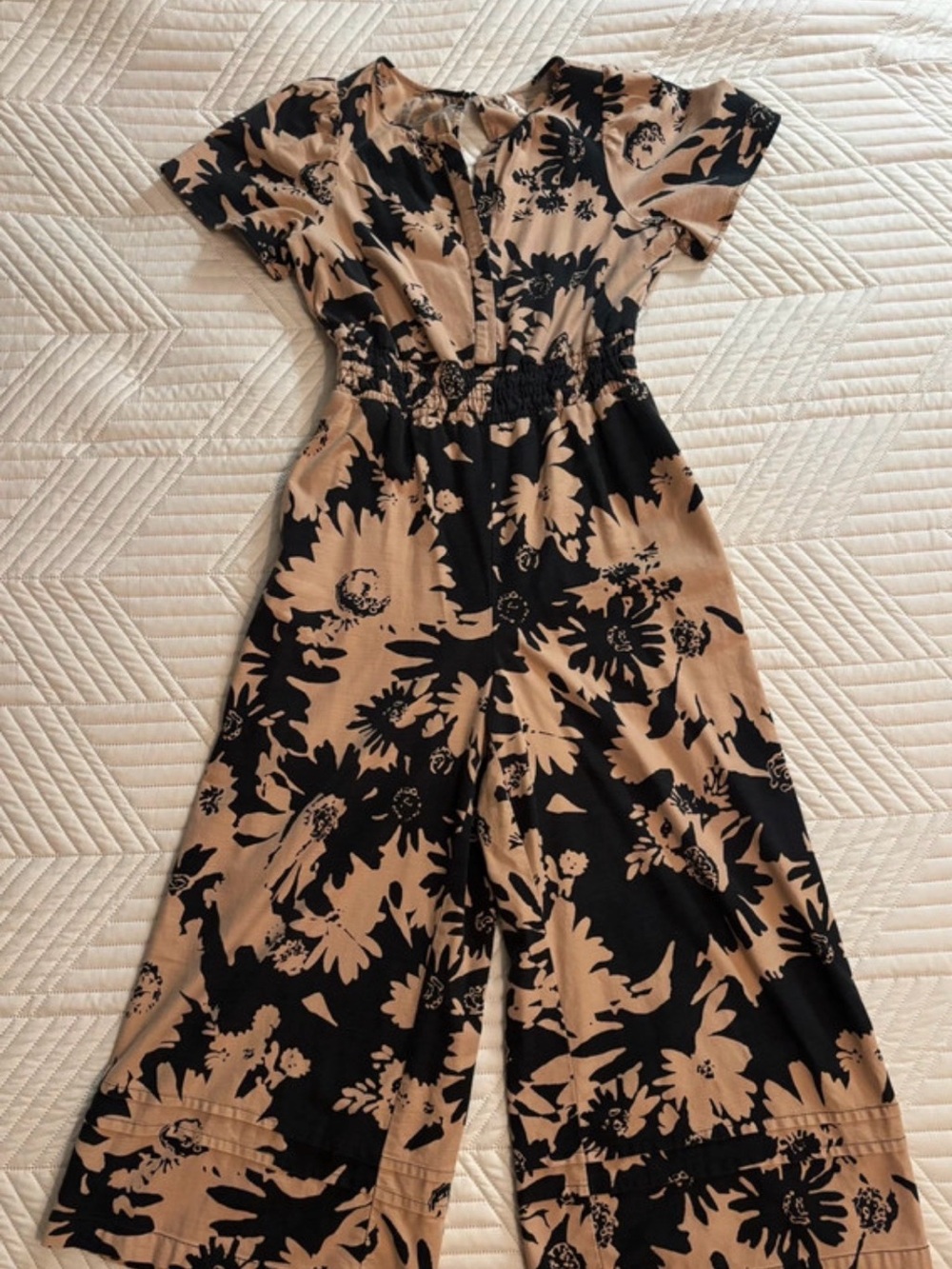 Anthropologie Tan & Black Floral Wide-Leg Jumpsuit